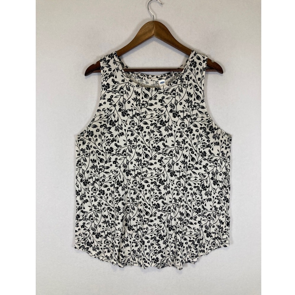 Cottagecore Old Navy Luxe Women Large White Black Floral Sleeveless Tank Top